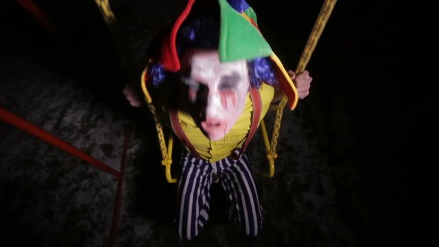 A top view of a clown shouting on a swing. 