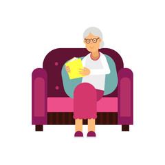 Senior woman character sitting on the sofa and reading a book colorful vector Illustration