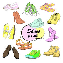 illustration of Set hand drawn graphic Man and Women Footwear, shoes for store discount. Casual and sport style, gumshoes Shoes for all seasons. Moccasins, sneakers, boots, pumps. Doodle, drawn