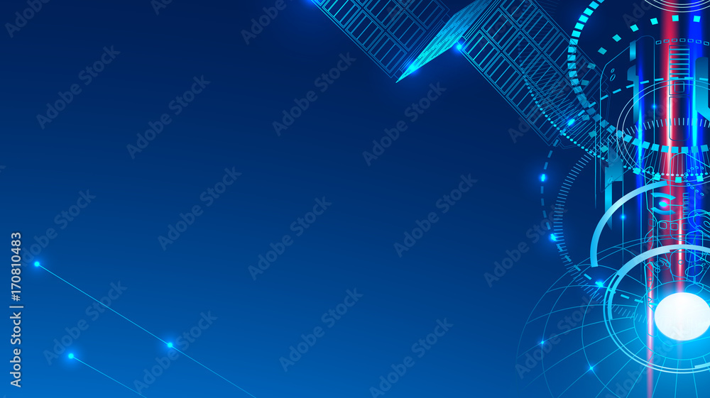 Poster a communication satellite in space transmits a signal. abstract technological geometric background.