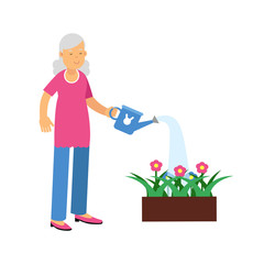 Active senior woman watering with can a flower bed colorful character vector Illustration