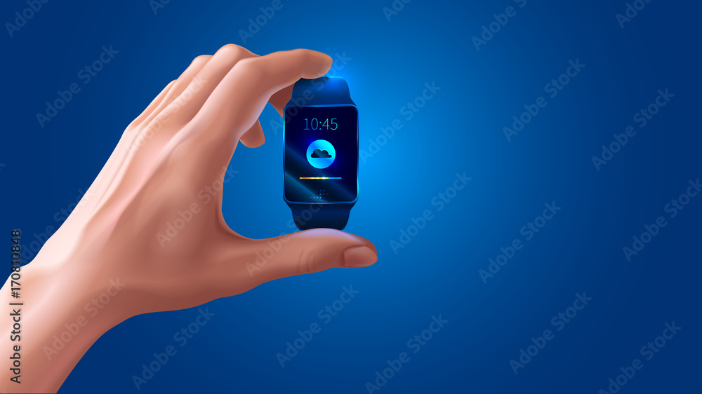 Poster Modern shiny smart watch black color in hand on blue background. Smart watch displays time and the icon sync with cloud storage via the Internet. VECTOR