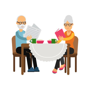 Senior couple characters sitting near the table, drinking tea and reading colorful character vector Illustration