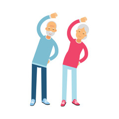 Senior couple characters doing exercises, physical activity benefits for older adults colorful vector Illustration