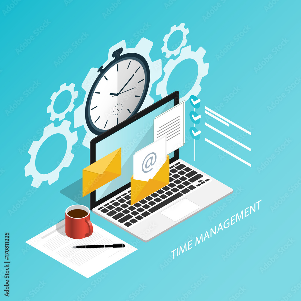 Poster isometric time management working computer flat vector