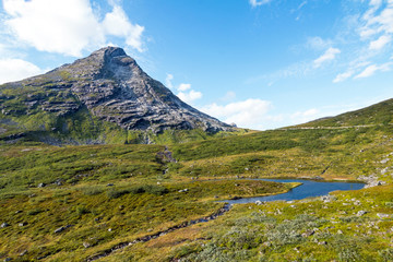Fototapeta premium Panorama of summer landscape in Norway - river, stones, mountings
