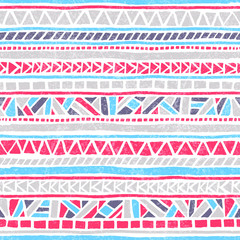 Seamless striped pattern. Ethnic and tribal motifs. Vintage print, grunge texture.Simple ornament. Handmade. White, gray, pink and blue colors.