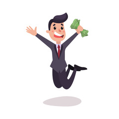 Happy businessman character jumping with a pack money , businessman has a lot of money colorful vector Illustration