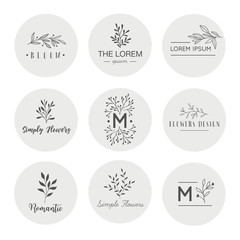 Hand drawn logo collection. Logo design with doodle flowers.