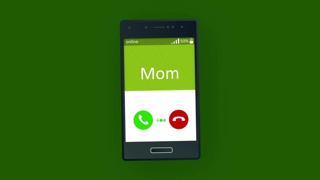 Merry 3d rendering of an animated mobile phone calling with such words  as Buddy, Mom, Dad, Darling, Unknown. The black telephone is located in the salad background and shudder from calls