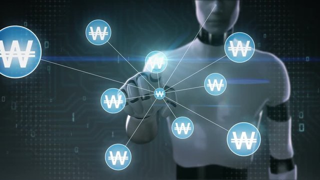 Robot, cyborg touching Won symbol, Numerous dots gather to create a Won currency sign, dots makes global world map, internet of things. financial technology 2.