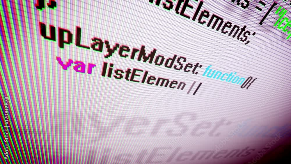 Poster closeup of the coding information process on a pc screen shown askew with swiftly rushing multicolor