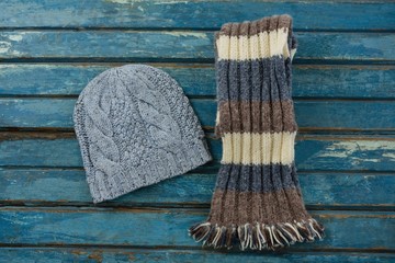 Overhead view of knit hat and scarf