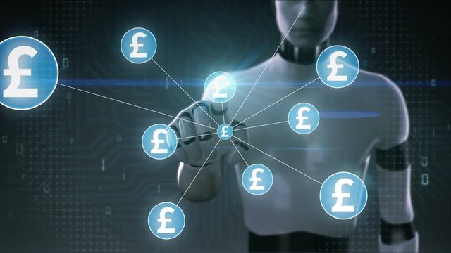 Robot, cyborg touching Pound symbol, Numerous dots gather to create a Pound currency sign, dots makes global world map, internet of things. financial technology 2.