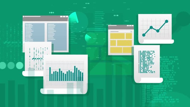 Impressive 3d rendering of white files and docs with pile charts, bar graphs, histograms, line charts, texts, connected with each other in the light turquoise background