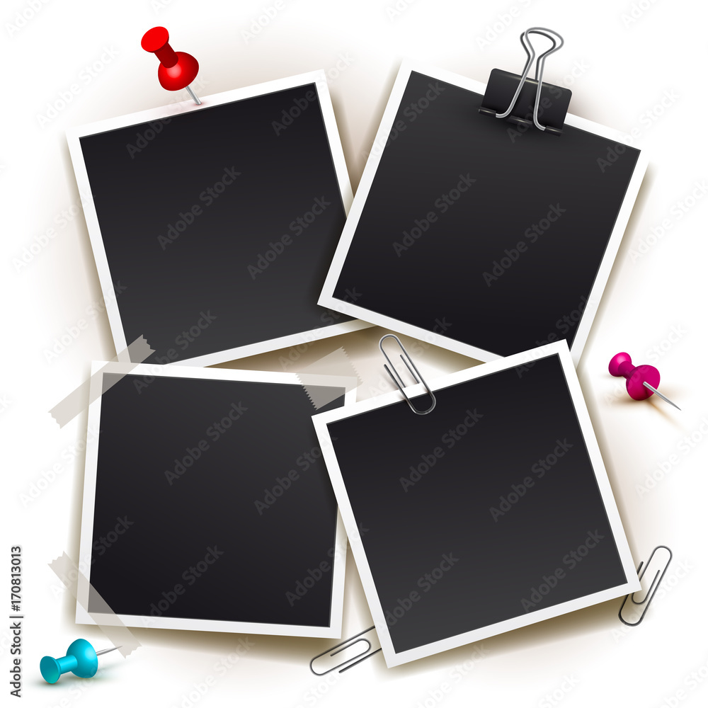 Poster set of square vector photo frames on sticky tape, pins and rivets. template photo design. vector ill