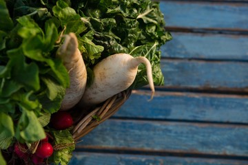 High angle view of vegetables in wicker basket