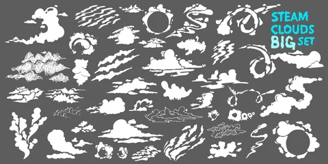 Deurstickers Stoomwolken Grote set. Mist plat geïsoleerde clipart voor reclameposters, effecten en design. Cartoon witte rook. Vector illustratie. Geïsoleerd op grijze achtergrond © Anatoliy