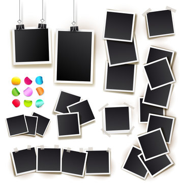 Set of square vector photo frames on sticky tape, pins and rivets. Template photo design. Vector illustration. Isolated on white background