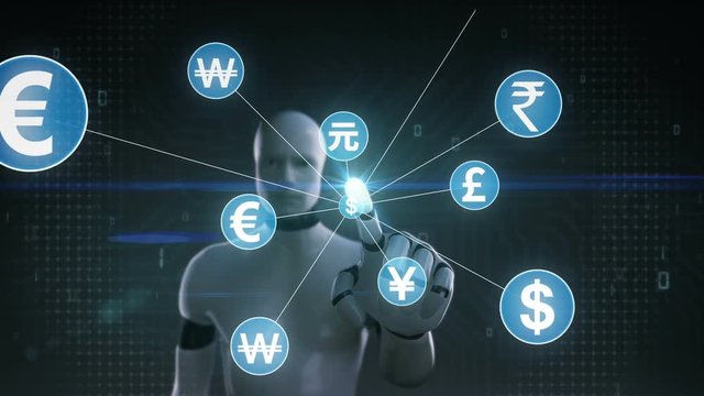 Robot, cyborg touching World currency symbol, Numerous dots gather to create a currency sign, dots makes global world map, internet of things. financial technology 1.