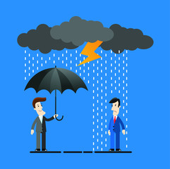 businessman standing with umbrella under thunderstorm. Concept of businessman protection. Businessman standing in the rain