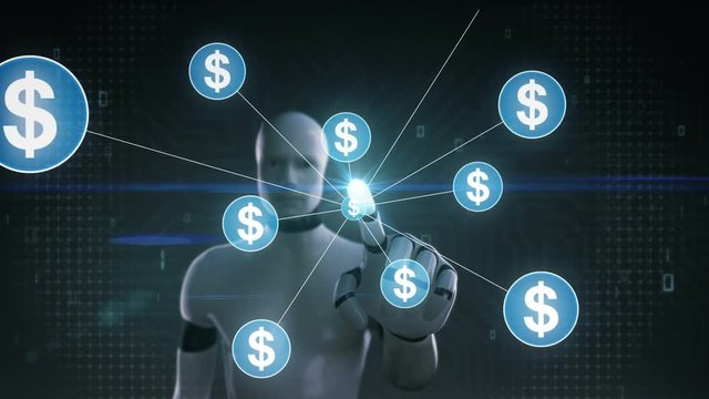 Robot, cyborg touching Dollar symbol, Numerous dots gather to create a Dollar 
 currency sign, dots makes global world map, internet of things. financial technology 1.