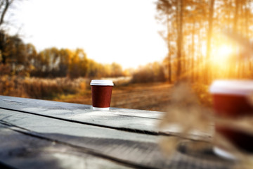 desk in forest and coffee 