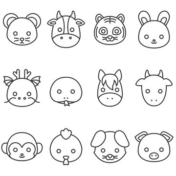 Cute cartoon Chinese zodiac line icon, face of rat, cow, tiger, rabbit, dragon, snake, horse, goat, monkey, rooster, dog and pig