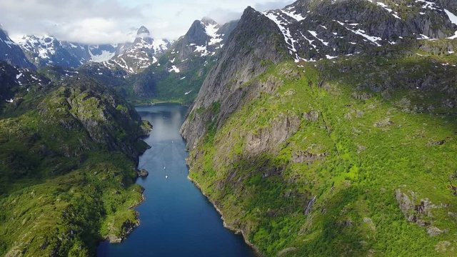 Yachting in Troll fjord. Aerial view