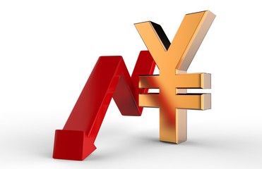 Obraz premium Golden Japanese Yen symbol and red downwards growth arrow up, Economic recession concept. Isolated on white background. 3D rendered illustration.