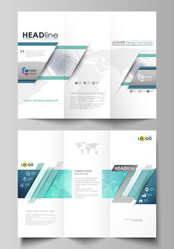 The minimalistic abstract vector illustration of editable layout of two creative tri-fold brochure covers design business templates. Chemistry pattern. Molecule structure. Medical, science background.
