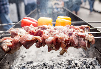 Grilled kebab cooking on metal skewer. Roasted meat cooked at barbecue. with Red and yellow Bell pepper