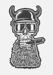 crazy skull motorcycle glasses, helmet with horns and a cigar in his mouth. biker symbol. 