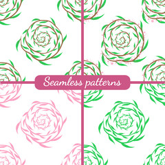 Set. Long branches and small leaves. Seamless patterns.