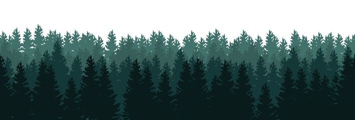 Silhouettes of trees in the forest on white background - seamless vector panorama © Kateina