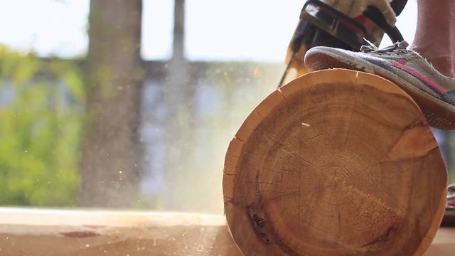 Saw sawing wood for home