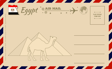 Vintage postcard with map of Egypt, Pyramids and Camel