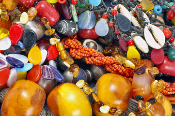 Fototapeta na wymiar Colorful natural stone necklaces, jewelry background