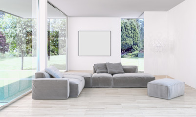 Fototapeta na wymiar Modern bright living room, white wall. 3D rendering