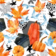 Poster Autumn watercolor background: leaves, bird silhouettes, pumpkin, hexagons. © Tanya Syrytsyna