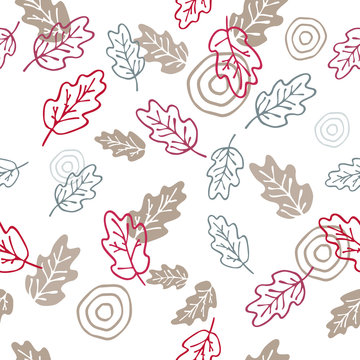 Vector seamless pattern of oak leaves on white background. For fabric, cloth design, wallpaper, printing