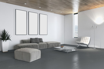 Modern bright living room, white wall. 3D rendering