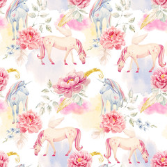 Watercolor vector unicorn and pegasus pattern © Zenina-Lembrik