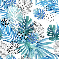 Abstract palm, monstera leaf seamless pattern.