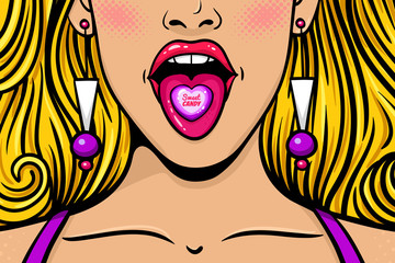 Closeup of sexy young woman with long blonde hair, wide open mouth, bright candy on her tongue with Sweet Candy text. Vector colorful background in pop art retro comic style.  Advertising poster. - 170821002
