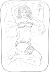 Beautiful sexy girl in stockings and heels lying on bed. Vector illustration. Make up and rose. Lipstick and pillow. Anti stress coloring book for adults. Black and white drawing.