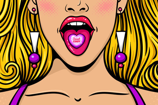 Closeup of sexy young woman with long blonde hair, wide open mouth, bright candy on her tongue with Sweet Candy text. Vector colorful background in pop art retro comic style.  Advertising poster.