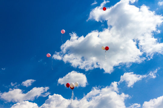 balloons fly into the blue sky