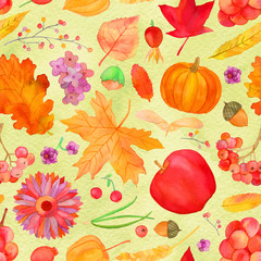Rustic fall seamless pattern, autumn watercolor background