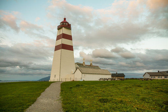 Alnes lighthouse at sunset at Godoy island near Alesund, Norway